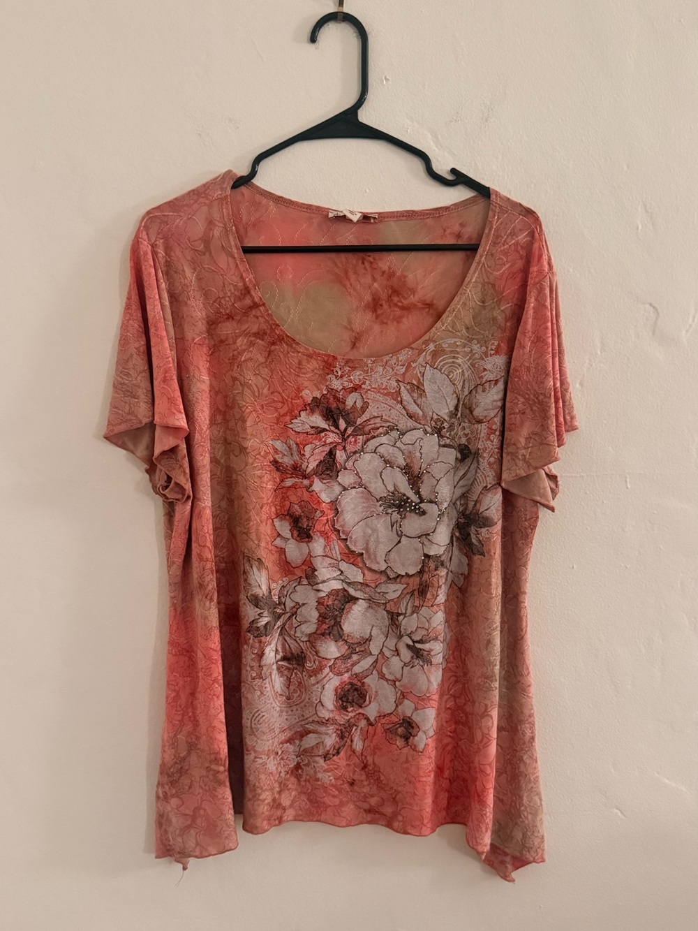 Floral Scoop Neck Women's Top in Coral Pink